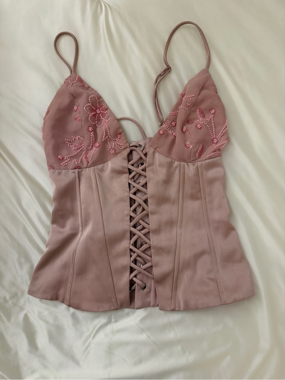 Princess Polly Dusty Rose Lace-Up Beaded Satin Corset Cami